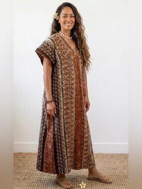 Vintage 60s Hawaiian Otaheite‎ Lauhala Maui Floral Tiki Psychedelic Mumu Dress